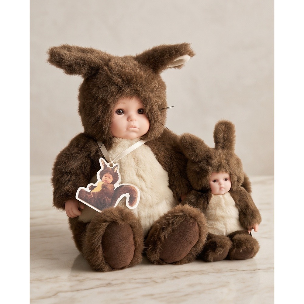 Anne Geddes 1997 Squirrel Baby Plush Doll Set Brown‎ Faux Fur Vintage 9in 12in